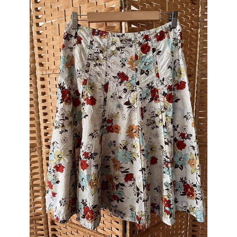 Cabi Floral Print A-Line Midi Skirt Twirl Red Gold Turquoise Brown Red 2
